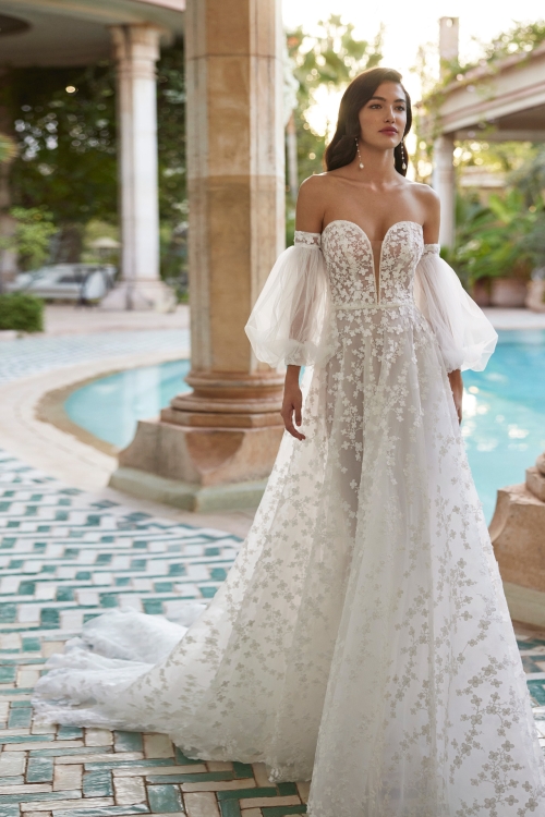 ANAELA Wedding Dress Adriana alier collection 2025 Paris: Sheath-style wedding dress, crêpe, plunging neckline, V-back, straps, georgette cape.