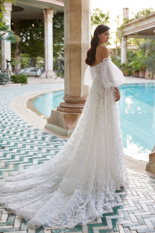 ANAELA Wedding Dress Adriana alier collection 2025 Paris: Sheath-style wedding dress, crêpe, plunging neckline, V-back, straps, georgette cape.